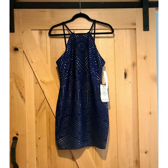 Jump Sheath Dress Navy Silver Medium Junior's Studded Halter Slim Social $69 - Picture 1 of 12